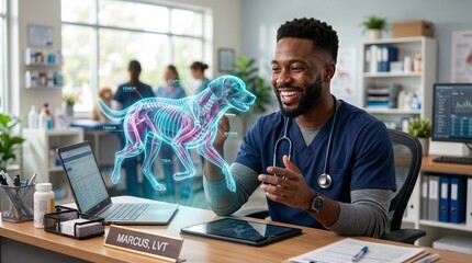 Fototapeta premium Veterinarian Analyzing Digital Holographic Dog Anatomy in Clinic