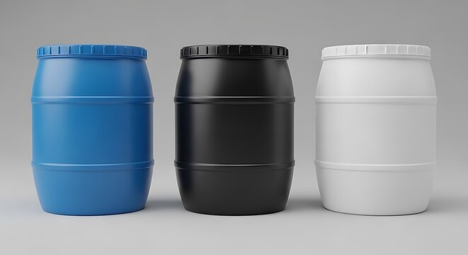 Three plastic barrels in blue black and white colors lined up. plastic drum mockup