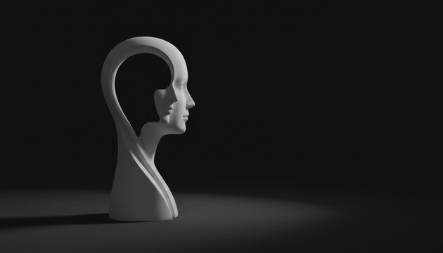 Sculpture human profile robotic minimalist white abstract face head art, white abstract minimalist sculpture of stylized human profile and robotic profile on dark background with dramatic shadow