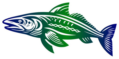 Fototapeta premium Tribal style fish graphic design element for logo.Stylized green and blue fish vector illustration in linocut style.