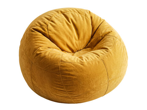 Cozy, mustard yellow velvet bean bag chair, presenting a soft, inviting texture from a unique high angle perspective.