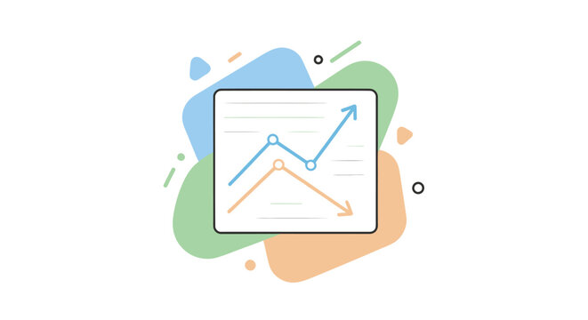 Business graph showing upward and downward trends with colorful abstract shapes in the background