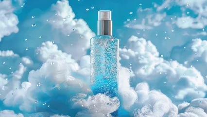 Refreshing mist spray bottle in cloudy sky with water droplets © dashtik