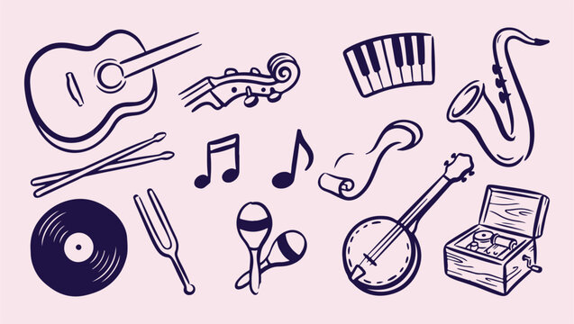 musical instrument classical melody pattern, acoustic music instrument background, orchestral music melody illustration, musical sound instrument print, classical symphony instrument icons, musical pe