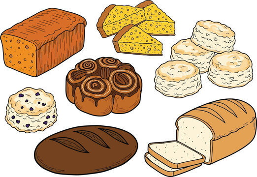 Assorted baked goods and breads illustration