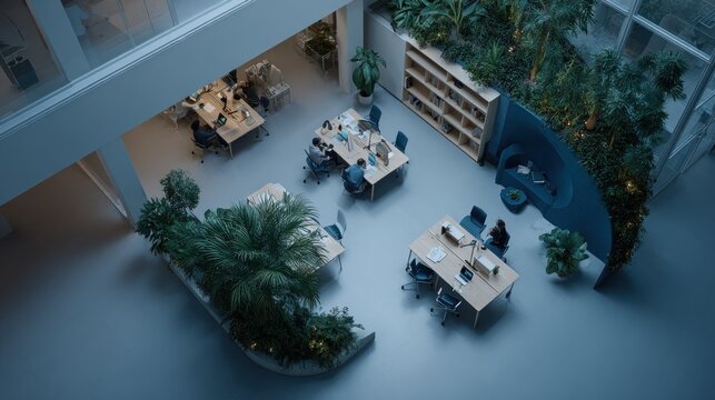 Modern office space features collaborative work areas integrated with lush interior greenery