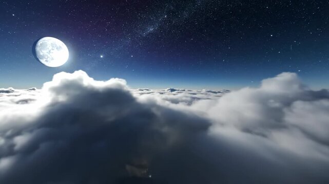Bright full moon shining over thick white clouds tonight.