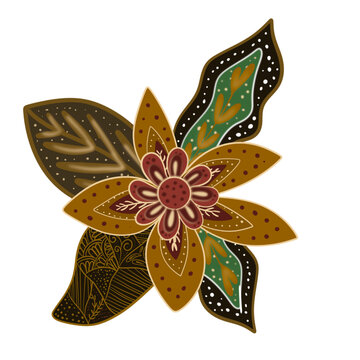 Elegant batik flower illustration on a black background, featuring intricate floral patterns and traditional decorative details
