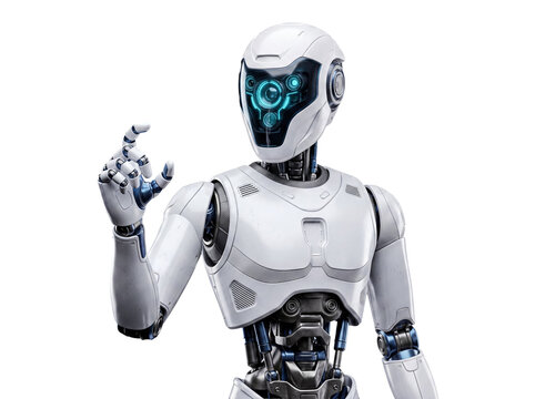 Modern white and blue humanoid AI robot interacting with invisible screen, isolated on transparent background.