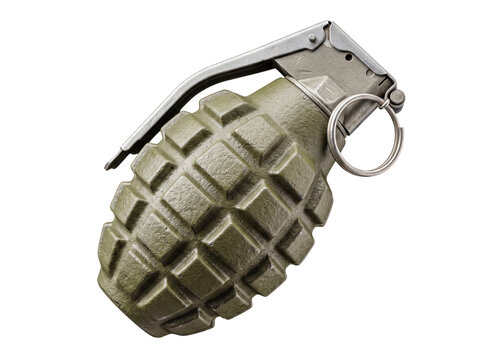 Realistic 3D render of a modern olive green hand grenade with safety pin clearly visible.