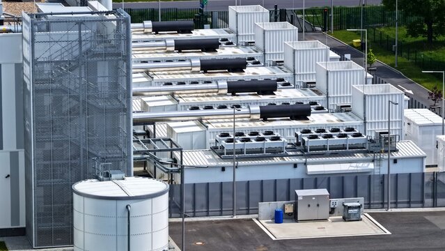 Aerial View of Modern Data Center with Cooling Systems and Tanks