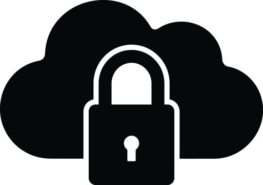 Cloud storage security with padlock silhouette icon isolated on white background for data protection concepts. Secure server network, digital privacy encryption, and database hosting backup.