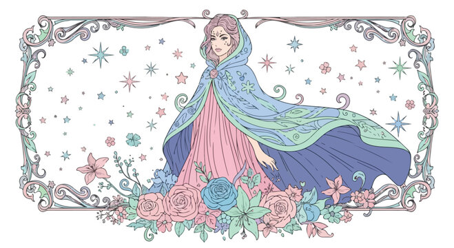 Art Nouveau fantasy princess vector illustration, mystical woman in hooded blue cloak, floral fairy tale character with pastel roses and stars