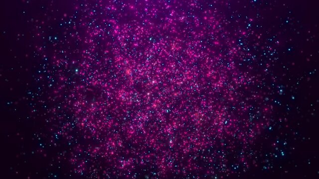 Vibrant pink and blue sparkling particles forming a cosmic glitter background. Abstract luminous texture with magical festive atmosphere.