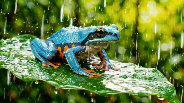 Vivid blue and orange tree frog clings to a wet leaf during rainfall