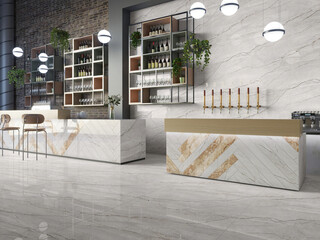 Modern espresso bar with marble-clad counter front, textured ceramic flooring, designer seating, and curated decorative details. Mockup. 3D Rendering. 3D Illustrations © Jenish