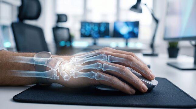 Close-up of human hand skeleton using mouse, illustrating ergonomic health and digital work