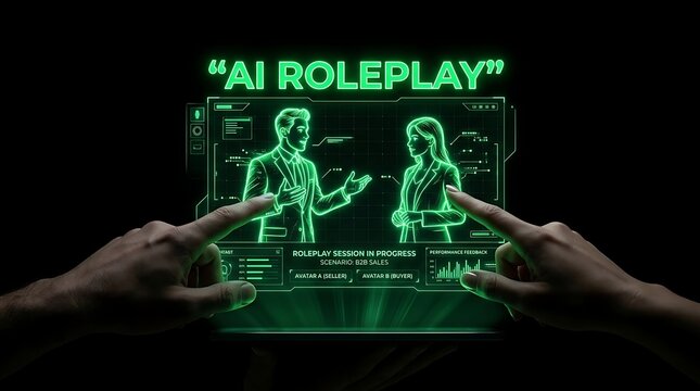 Hands interacting with a digital AI roleplay interface.