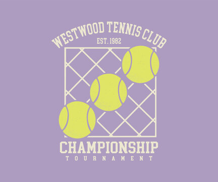 Vintage Westwood Tennis Club Championship Tournament Illustration - Retro Est. 1982 Athletic Graphic with Tennis Balls, Net Grid, and Distressed Texture - Classic Collegiate Varsity Style Apparel T-Sh
