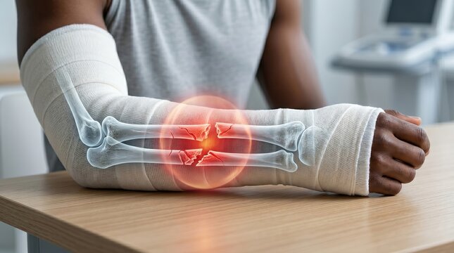 Close-up of a person's fractured arm in a cast, depicting a painful bone injury