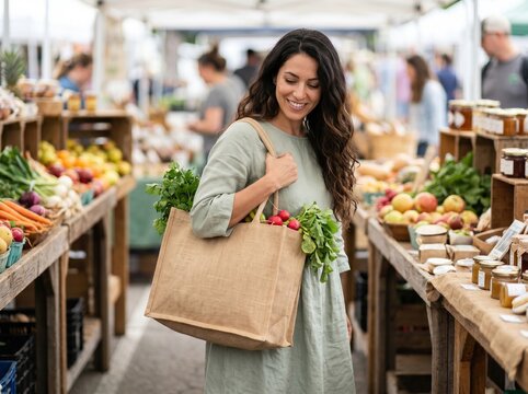 Woman shopping at farmers market with reusable bag full of fresh vegetables, standing among produce stalls. Sustainable lifestyle and organic food concept
