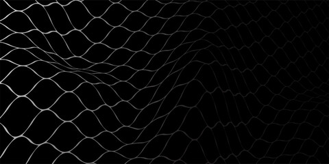 Abstract dark background with white 3D wavy mesh grid lines. Modern minimalist digital net pattern with perspective and depth. Elegant geometric wavy texture. © Zainal