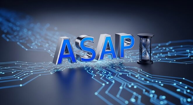 ASAP as soon as possible concept, 3D text with circuit board and hourglass