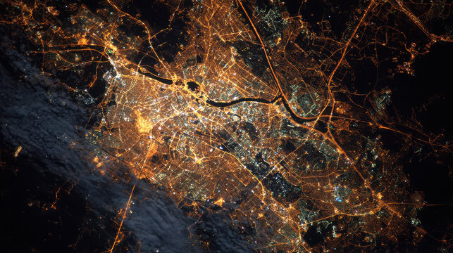 Night Cityscape from Space with Glowing Urban Lights and River