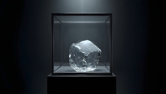 Solitary melting ice cube displayed inside a sleek glass showcase under a dramatic spotlight.