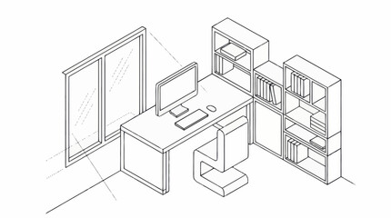 Modern Home Office Design with Desk Bookshelves and Computer. © Agus