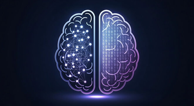 Split brain illustration with neural network connections glowing in purple and blue.