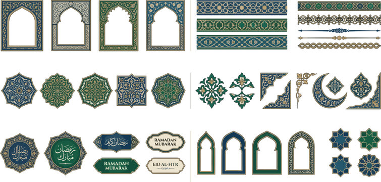 Islamic traditional ramadan mubarak ornament vector element set, oriental arabesque mosque decoration frame collection