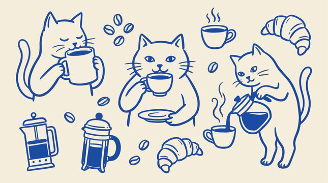 Whimsical feline character enjoying aromatic coffee beverage in naive doodle style, charming artistic cat companion sipping drink, creative vector illustration.