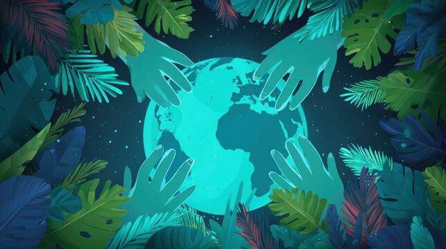Multiple hands surround a glowing terrestrial globe bordered by dense tropical foliage