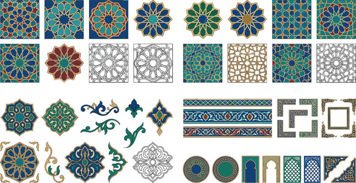 Islamic traditional geometric ornament vector element set, oriental arabesque pattern and ramadan decoration collection
