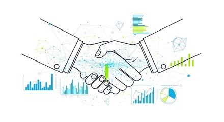 Obraz premium Business handshake illustration with financial charts and data analysis elements isolated on white background
