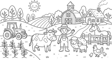 Obraz premium Farm Scene With Tractor Animals And Farmer Black And White Vector Illustration