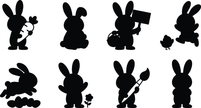 Easter bunny silhouettes collection, black rabbit cartoon characters, cute animal holiday elements, spring celebration festive graphic signs