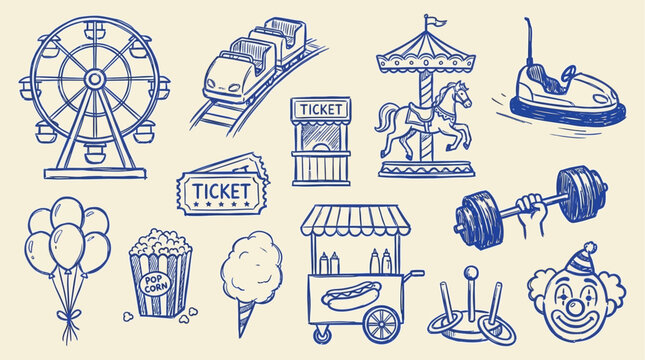 Comprehensive hand-drawn doodle set of carnival amusement park fairground element, including Ferris wheel, roller coaster, carousel, and attraction in a vintage sketch vector illustration.