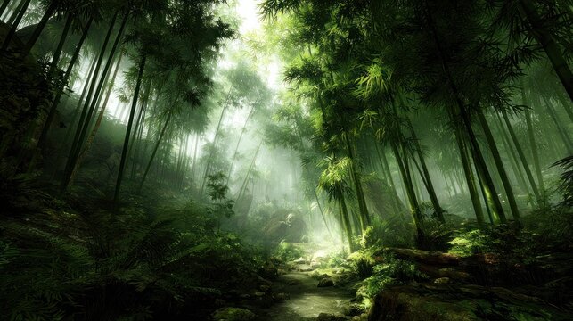 Dense green thicket features tall, slender plant stalks illuminated by bright overhead light.