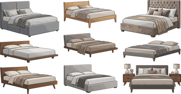 Modern double bed furniture vector illustration set, cozy bedroom interior design elements collection isolated