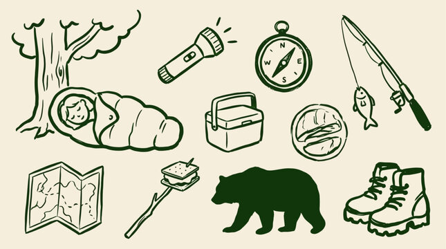 Comprehensive Hand Drawn Camping Adventure Doodle Sketch Set Featuring Outdoor Gear Equipment Exploration Symbols Handcrafted Vector Illustration Elements for Wilderness Journey Travel Design
