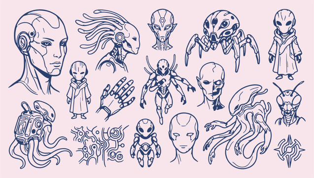 alien life form seamless pattern, futuristic extraterrestrial space creature illustration, weird sci-fi alien background, mysterious cosmic life form print, sci-fi alien creature character icons, adva