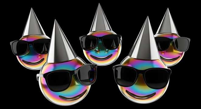 Five iridescent party emojis with sunglasses and silver hats, a playful celebration concept. Vibrant, colorful 3D rendered emoticons for digital design and festive occasions.