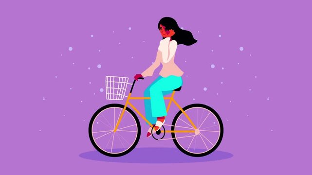 Woman riding an orange bicycle with a white basket against a purple background with dots.