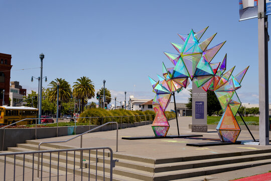 San Francisco California USA 05 Jun 2026 Geometric art installation near waterfront promenade