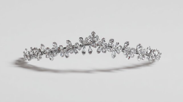 Exquisite silver toned headpiece featuring numerous sparkling clear gemstones arranged in a delicate vine pattern.