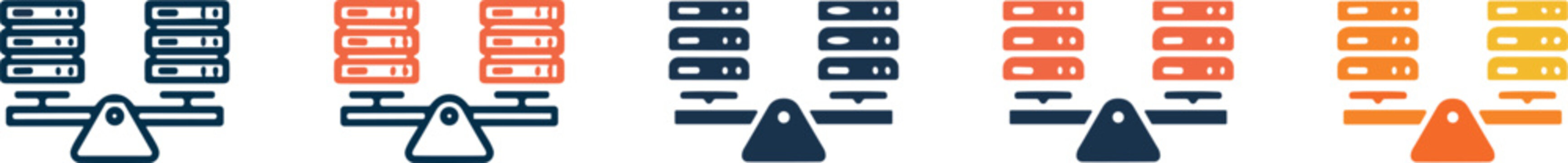Server load balancing vector icon set with databases on seesaw scale for cloud data traffic distribution concept