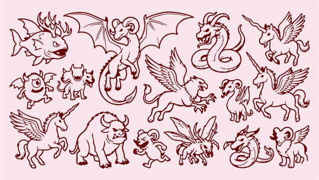 mythical chimera creature pattern, winged fantasy monster illustration, legendary beast collection design, epic griffon dragon background, magical creature squad print, ancient fable beast icons, fant
