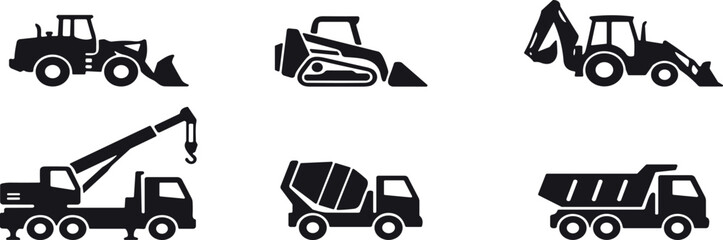 Construction vehicles heavy machinery icon set with excavator dump truck bulldozer crane and concrete mixer vector silhouettes © Md Munna 
